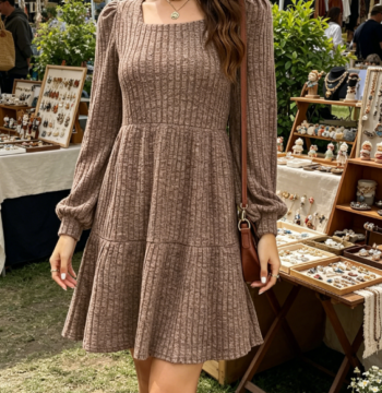Women's Long Sleeve Sweater Dress Square Neck Babydoll Autumn Dress with Pockets S-2XL